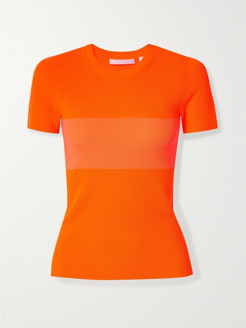 Women's Helmut Lang Ribbed Knit Short Sleeve Top Neon Orange Stripe Large